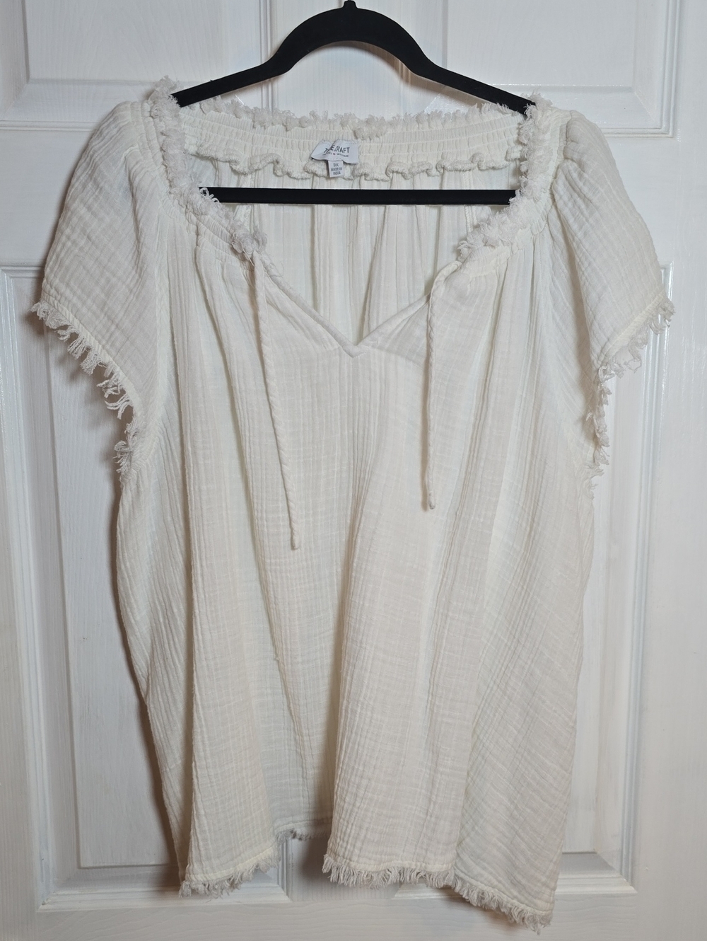 True Craft 3X Cream Gauze Peasant Tunic with Tie Neck